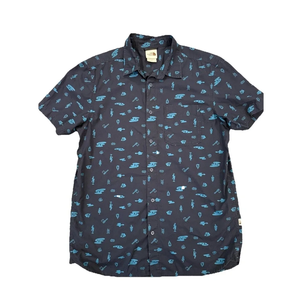 North Face Shirt Mens L Blue Short Sleeve Button Up Camping Hiking Outdoors Top